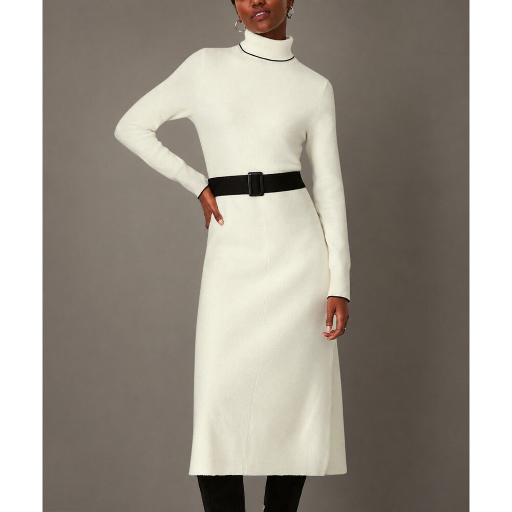 Ann Taylor Sweater Dress M Midi Turtleneck Belted 2023 White Black Contrast Trim